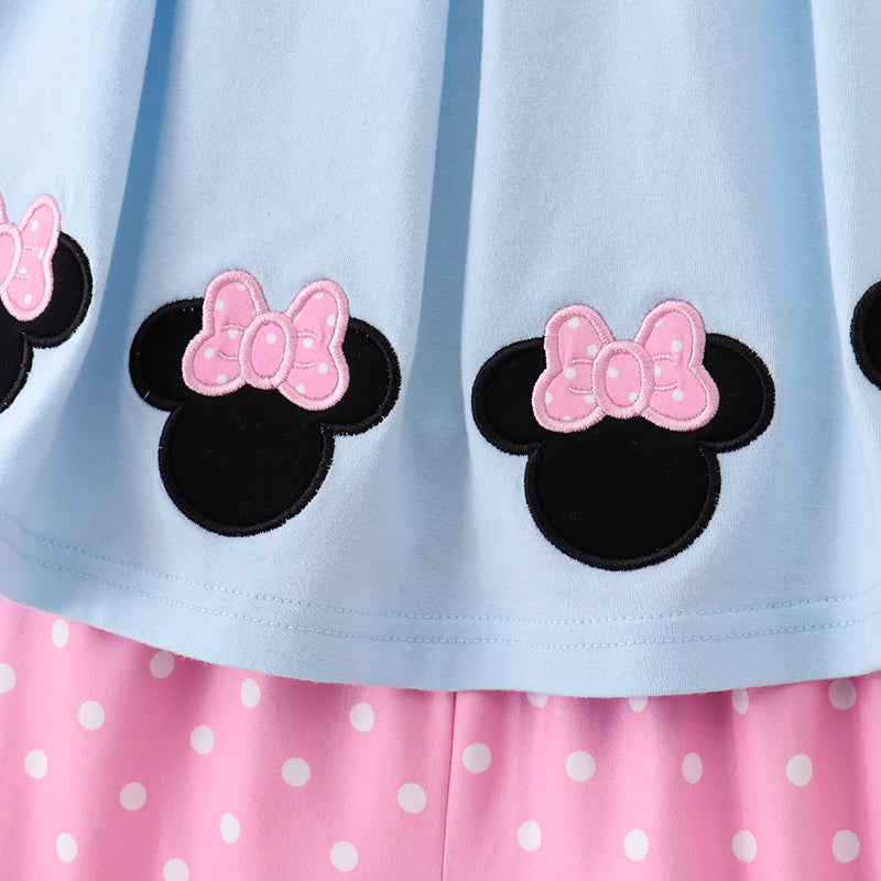 (In Stock A2-4-3)Girls Blue Minnie Embroidery Pink Shorts Set