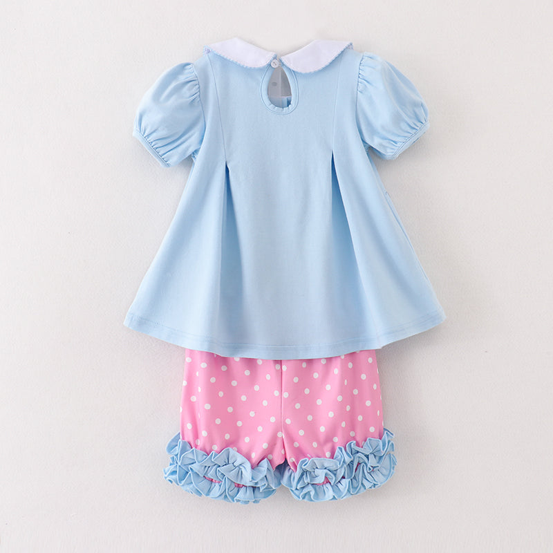 (In Stock A2-4-3)Girls Blue Minnie Embroidery Pink Shorts Set