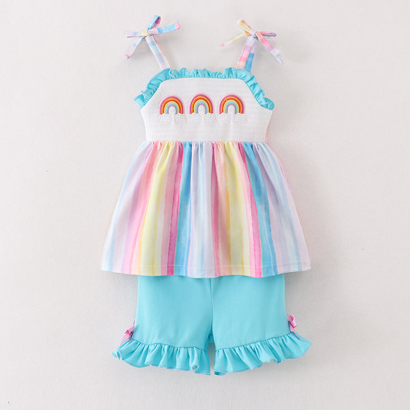 (In Stock)Girls Spring and Summer Rainbow Embroidery Smocked Shorts Set