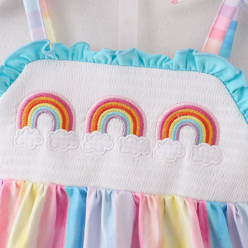 (In Stock)Girls Spring and Summer Rainbow Embroidery Smocked Shorts Set