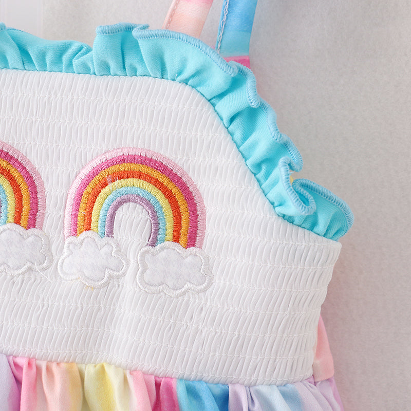 (In Stock)Girls Spring and Summer Rainbow Embroidery Smocked Shorts Set