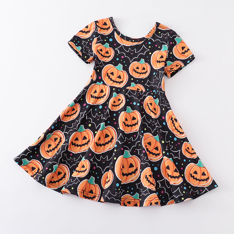 (In Stock)Girls Halloween Pumpkin Print Twirl Dress