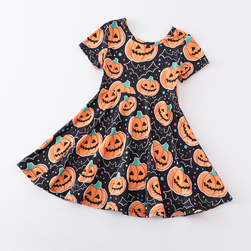 (In Stock)Girls Halloween Pumpkin Print Twirl Dress