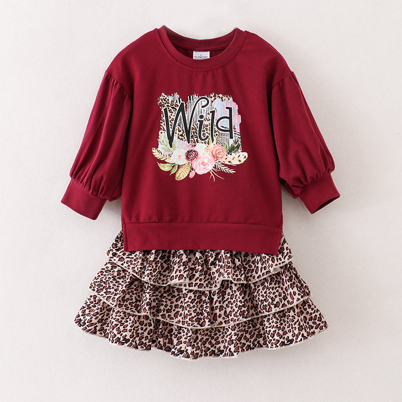 (In Stock E25-4-3)Fall Girls Leopard Print Skirt Set