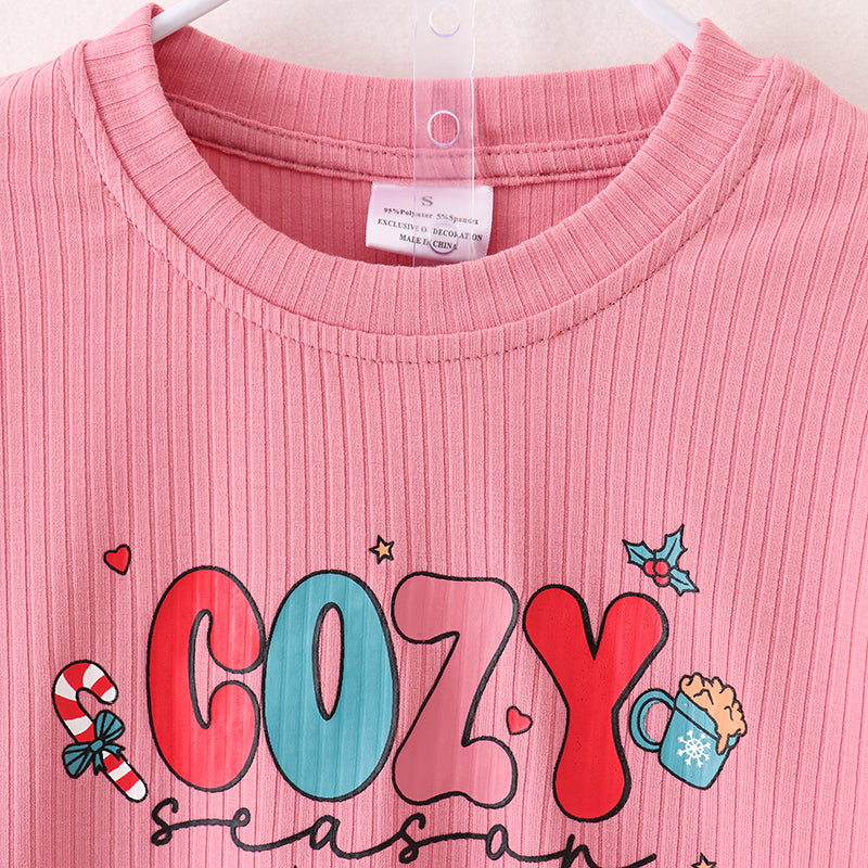 (In Stock E1-1-3)Girls Christmas COZY SEASON Print Outfit Set