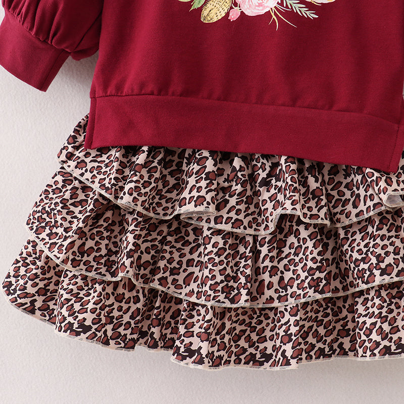 (In Stock E25-4-3)Fall Girls Leopard Print Skirt Set