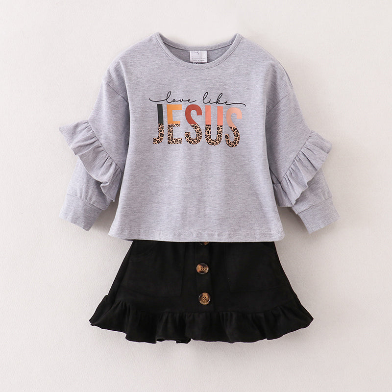 (In Stock E25-3-1)Fall Girls Grey Top Goat Suede Skirt Set