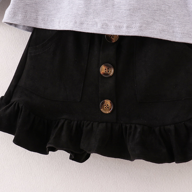 (In Stock E25-3-1)Fall Girls Grey Top Goat Suede Skirt Set