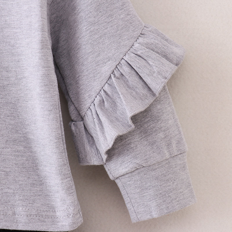 (In Stock E25-3-1)Fall Girls Grey Top Goat Suede Skirt Set