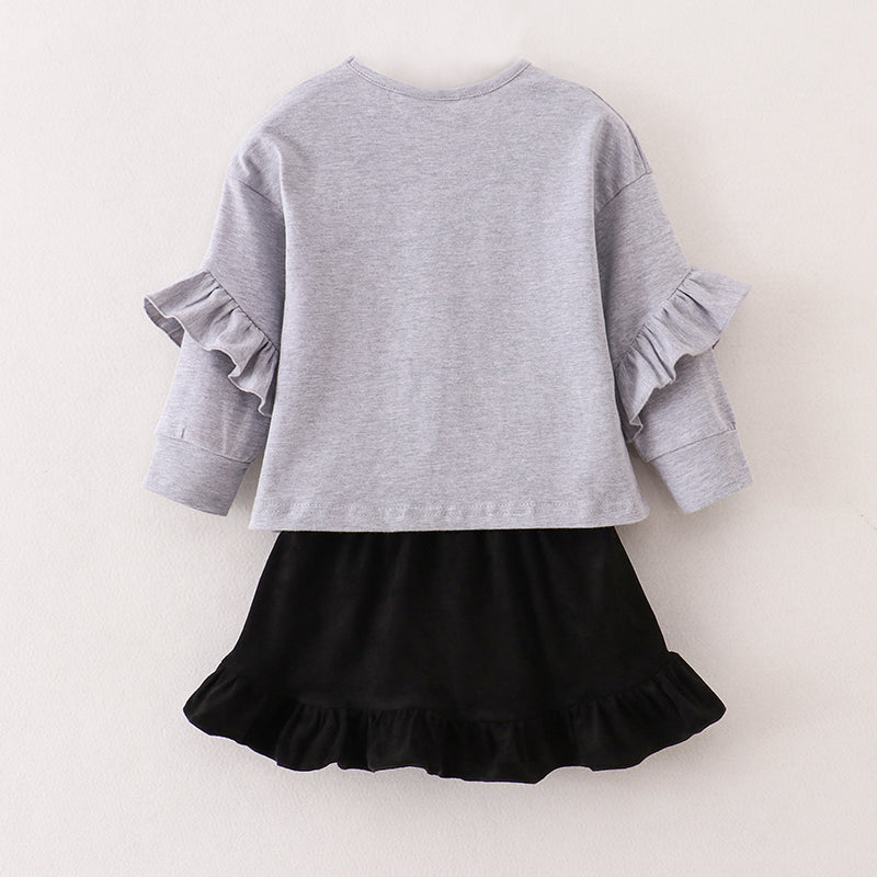 (In Stock E25-3-1)Fall Girls Grey Top Goat Suede Skirt Set