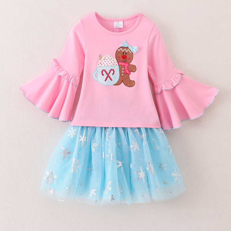 (In Stock G33-1-2)Girls Christmas Gingerbread Man Applique Dress Set
