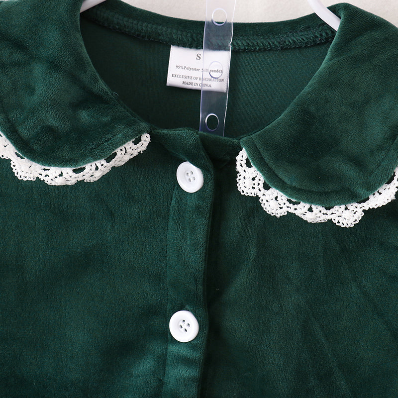 (In Stock G33-3-2)Girls Christmas Green Velvet Pajama