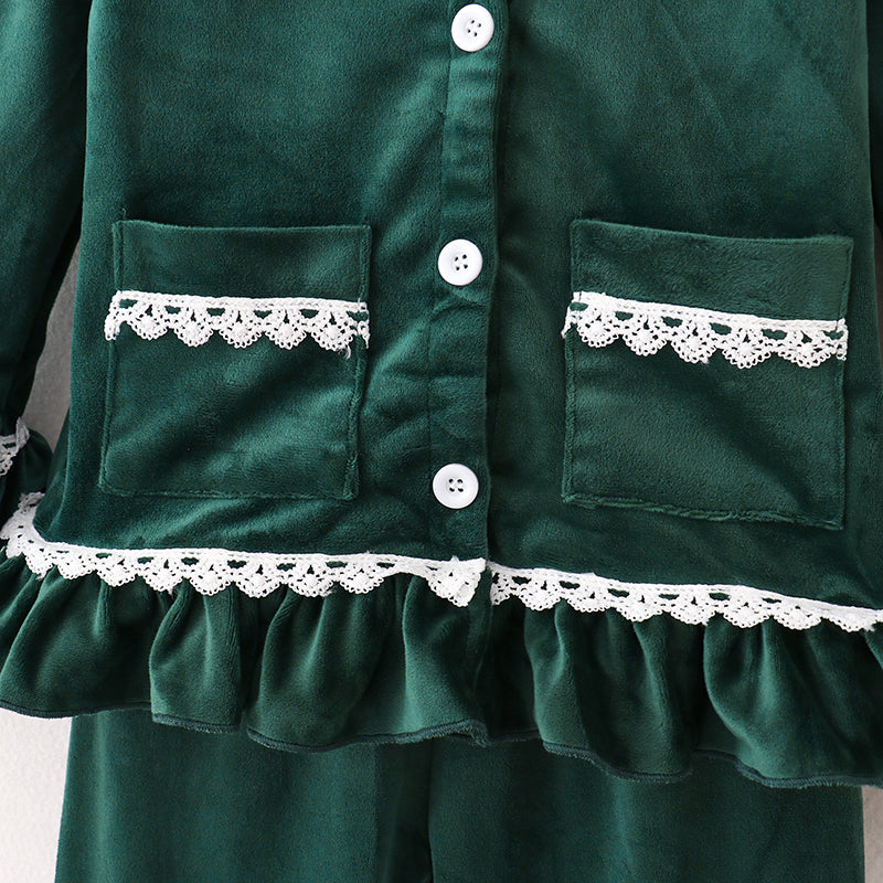 (In Stock G33-3-2)Girls Christmas Green Velvet Pajama