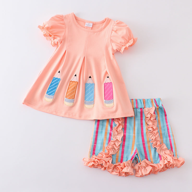(In Stock)Girls Pencil Embroidery Coral Stripe Shorts Set