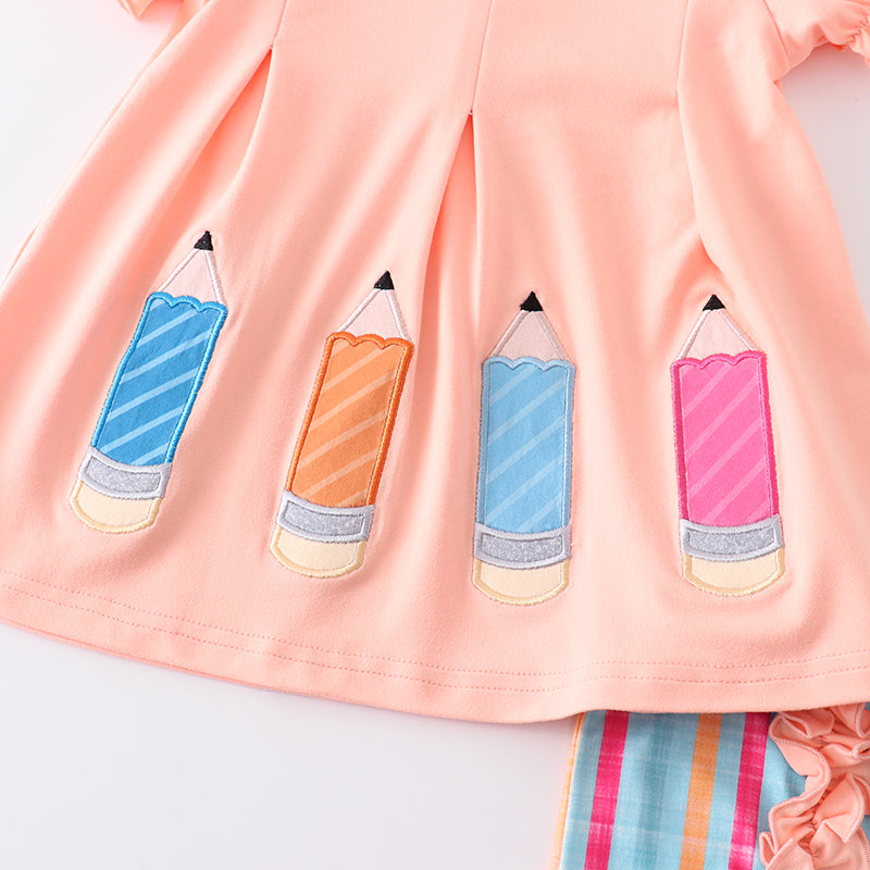 (In Stock)Girls Pencil Embroidery Coral Stripe Shorts Set