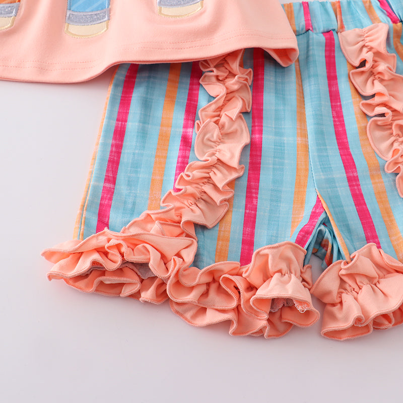 (In Stock)Girls Pencil Embroidery Coral Stripe Shorts Set