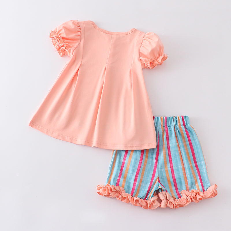 (In Stock)Girls Pencil Embroidery Coral Stripe Shorts Set