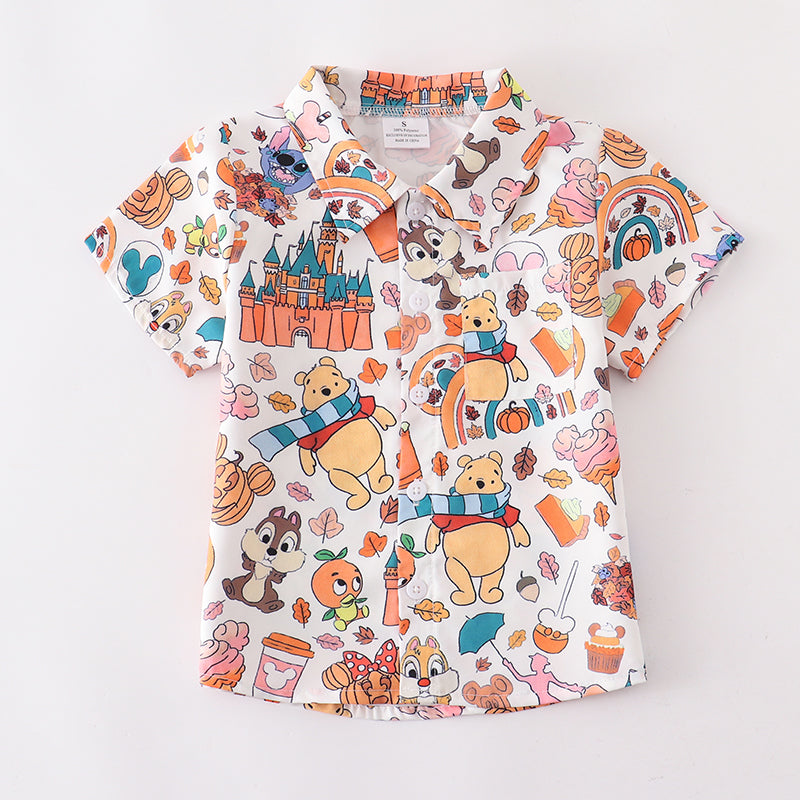 (In Stock Q09-05-02)Boy's Halloween Fall Cartoon Pumpkin Print Button Shirt