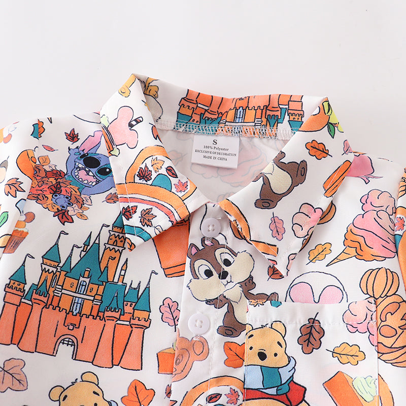 (In Stock Q09-05-02)Boy's Halloween Fall Cartoon Pumpkin Print Button Shirt