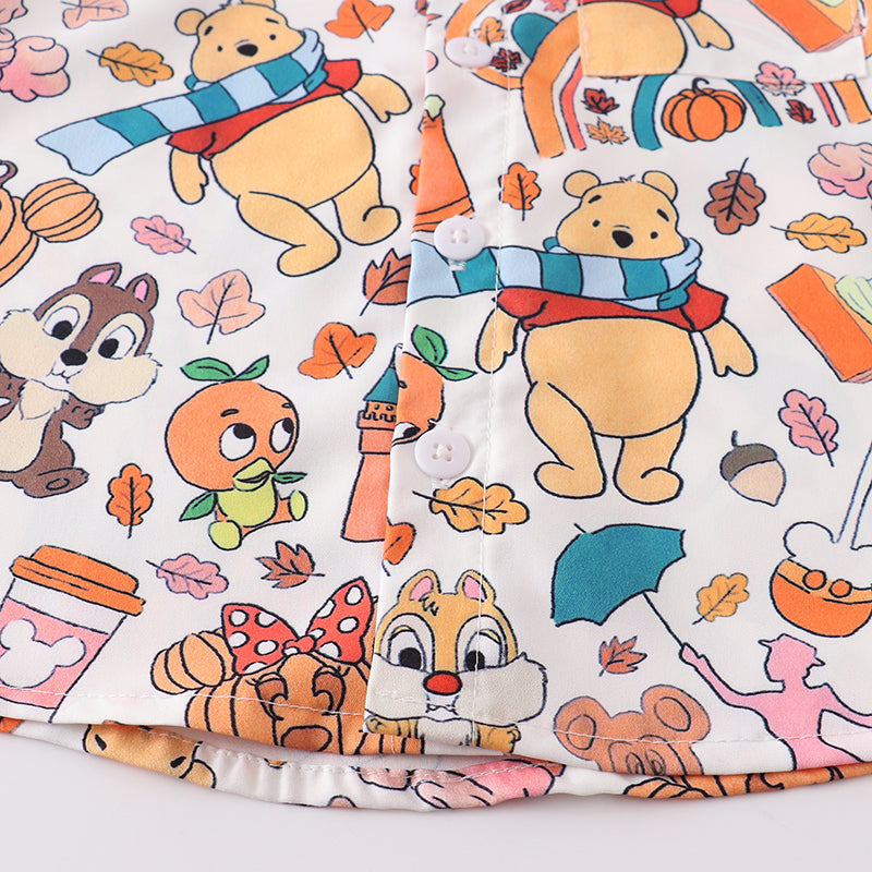 (In Stock Q09-05-02)Boy's Halloween Fall Cartoon Pumpkin Print Button Shirt