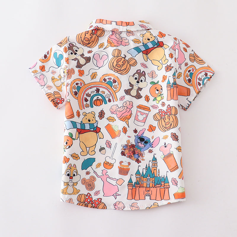 (In Stock Q09-05-02)Boy's Halloween Fall Cartoon Pumpkin Print Button Shirt