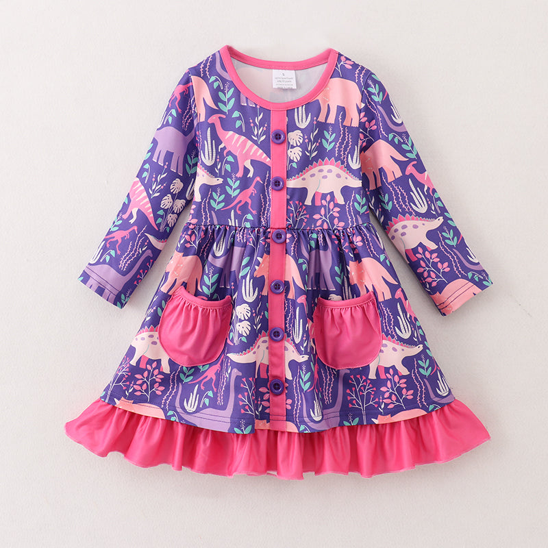 (In Stock G25-04-01)Girls Purple Dinosaur Print Dress