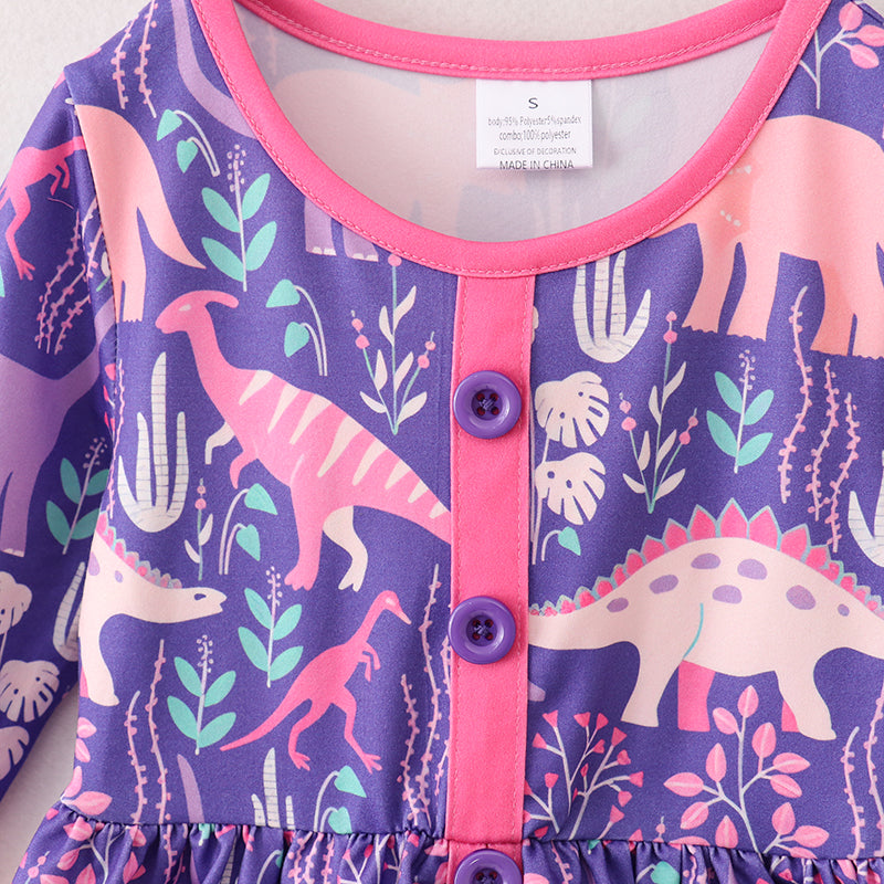 (In Stock G25-04-01)Girls Purple Dinosaur Print Dress