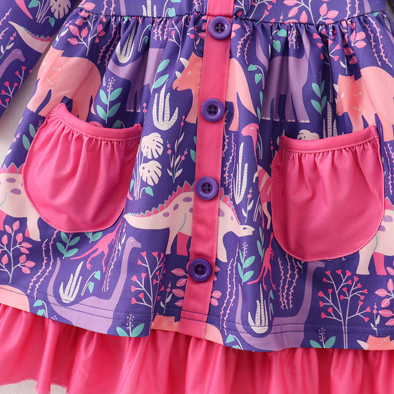 (In Stock G25-04-01)Girls Purple Dinosaur Print Dress