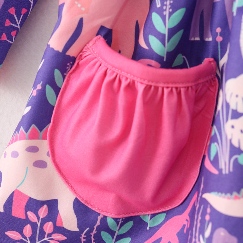 (In Stock G25-04-01)Girls Purple Dinosaur Print Dress