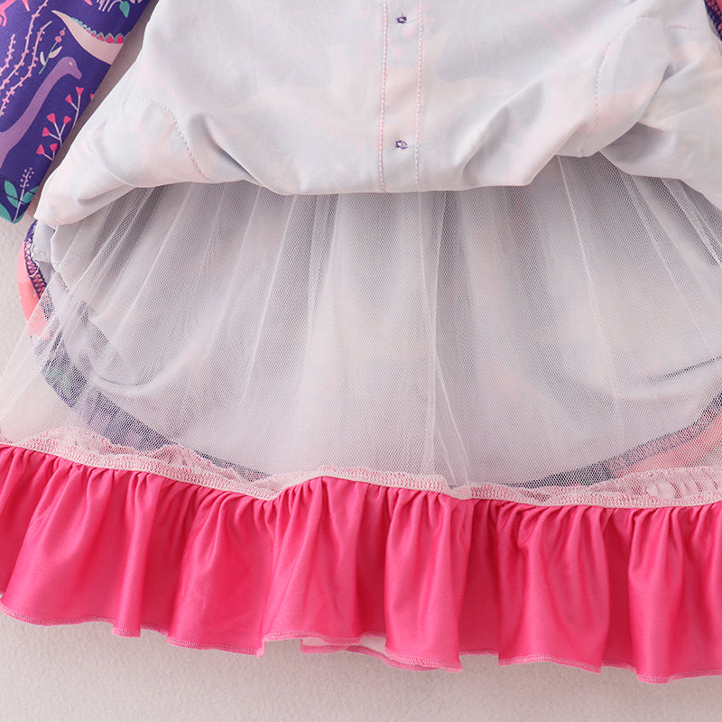 (In Stock G25-04-01)Girls Purple Dinosaur Print Dress