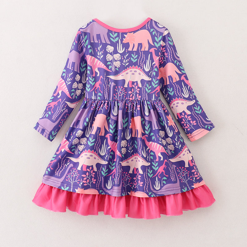 (In Stock G25-04-01)Girls Purple Dinosaur Print Dress