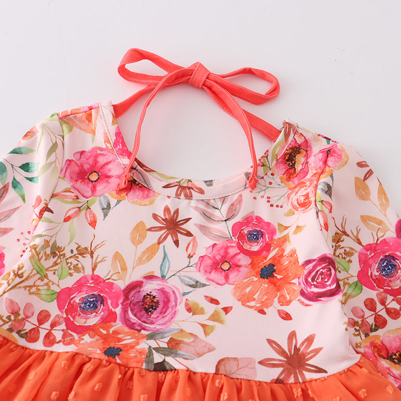 (In Stock)Fall Girls Dress Swiss Dot Floral Tutu Skirt Dress