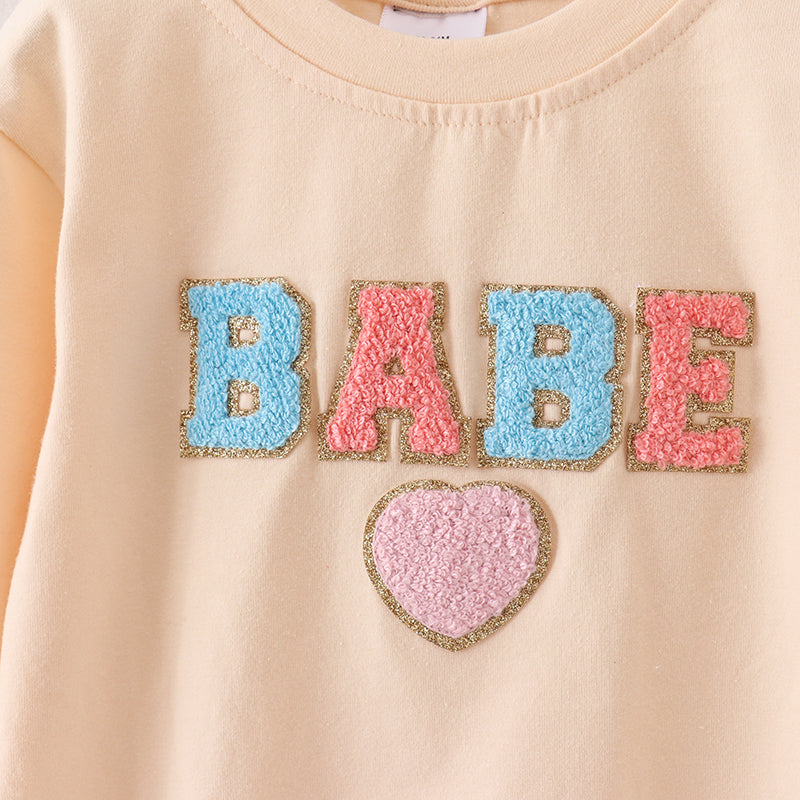 (In Stock A2-5-3)Baby Girls BABE Chenille Patches Romper