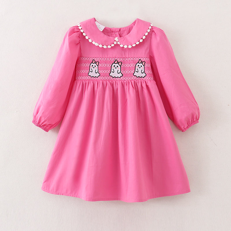 (In Stock Q5-5-2)Girls Halloween Ghost Embroidery Smocked Woven Dress