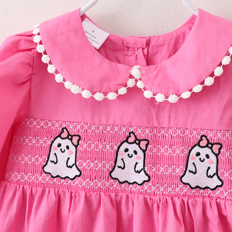 (In Stock Q5-5-2)Girls Halloween Ghost Embroidery Smocked Woven Dress