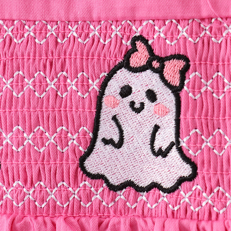(In Stock Q5-5-2)Girls Halloween Ghost Embroidery Smocked Woven Dress