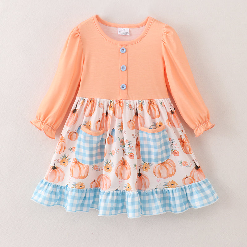 (In Stock A4-5-2)Girls Halloween Pumpkin Print Dress