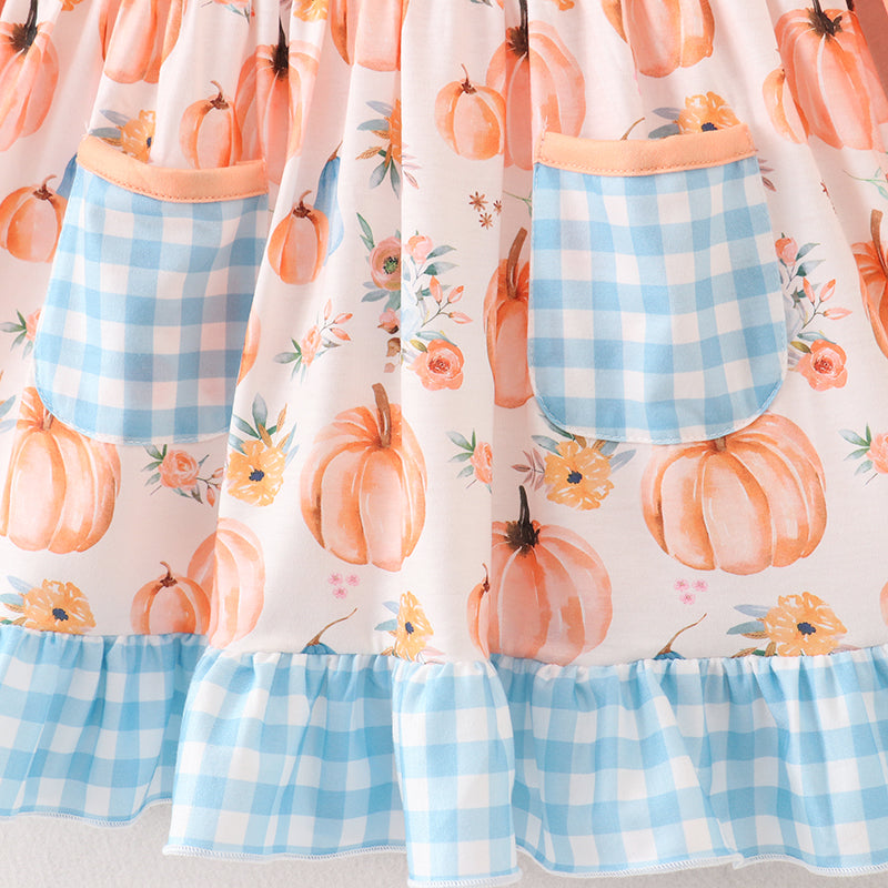 (In Stock A4-5-2)Girls Halloween Pumpkin Print Dress