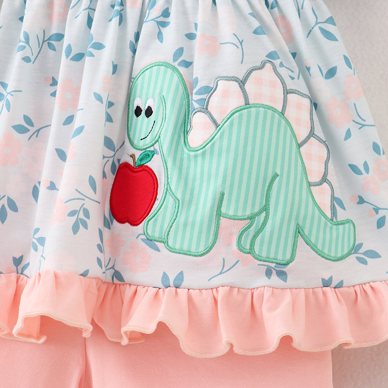 (In Stock)Girls Summer Back To School Dino Applique Shorts Set
