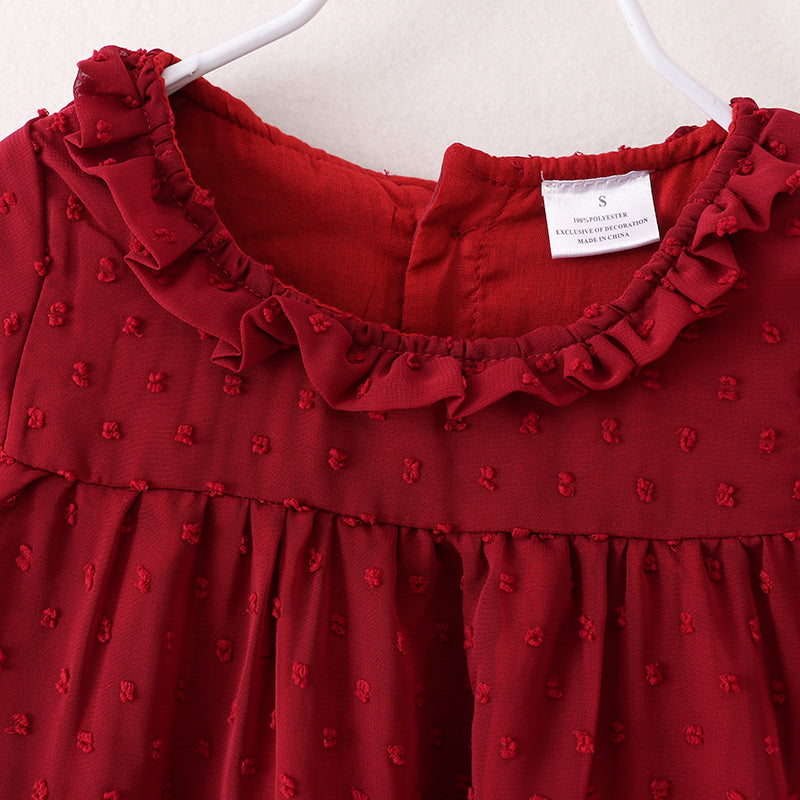 (In Stock E37-3-1)Fall Girls Dark Red Swiss Dot Dress