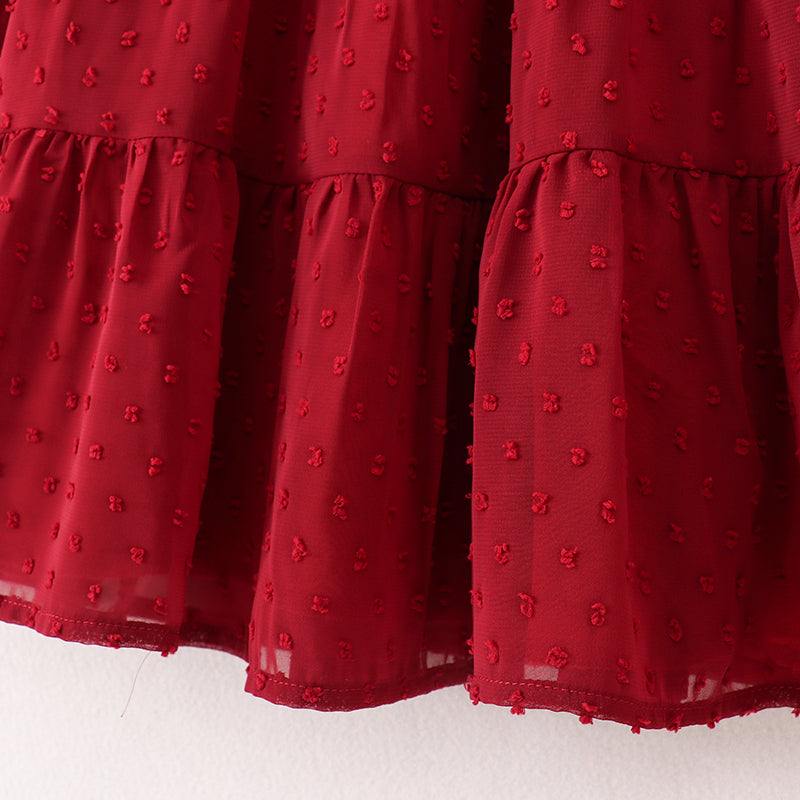 (In Stock E37-3-1)Fall Girls Dark Red Swiss Dot Dress