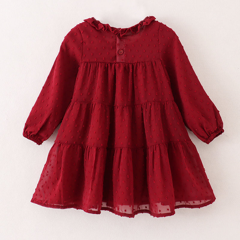 (In Stock E37-3-1)Fall Girls Dark Red Swiss Dot Dress