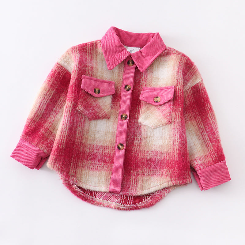 (In Stock Q07-04-02)Girls Fall Pink Plaid Coat