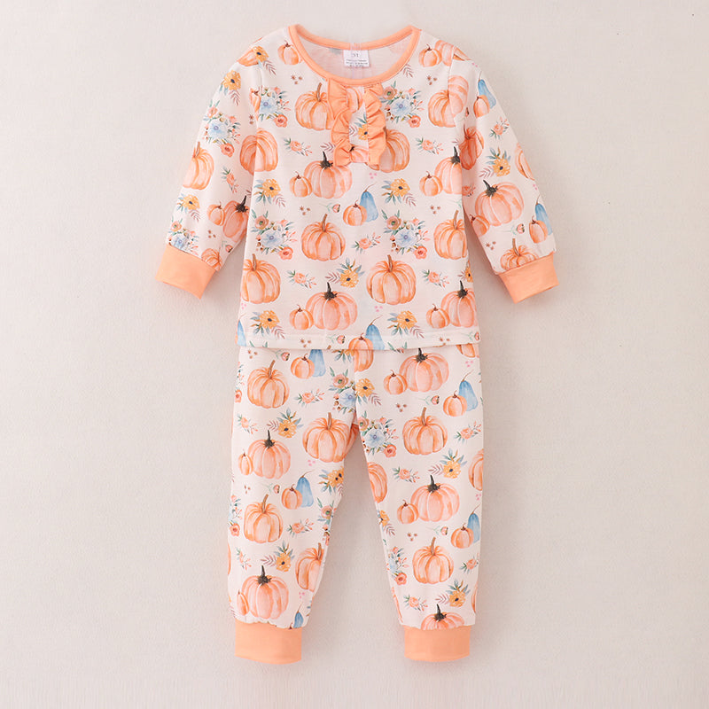 (In Stock A4-4-3)Girls Halloween Pumpkin Print Pajamas