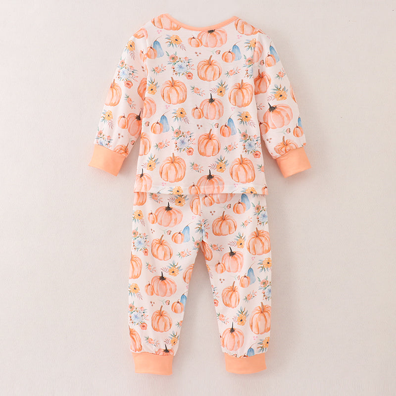 (In Stock A4-4-3)Girls Halloween Pumpkin Print Pajamas