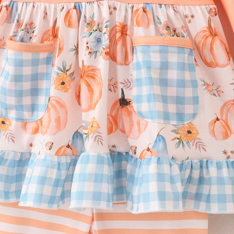 (In Stock A5-3-2)Girls Halloween Pumpkin Print Outfit Set