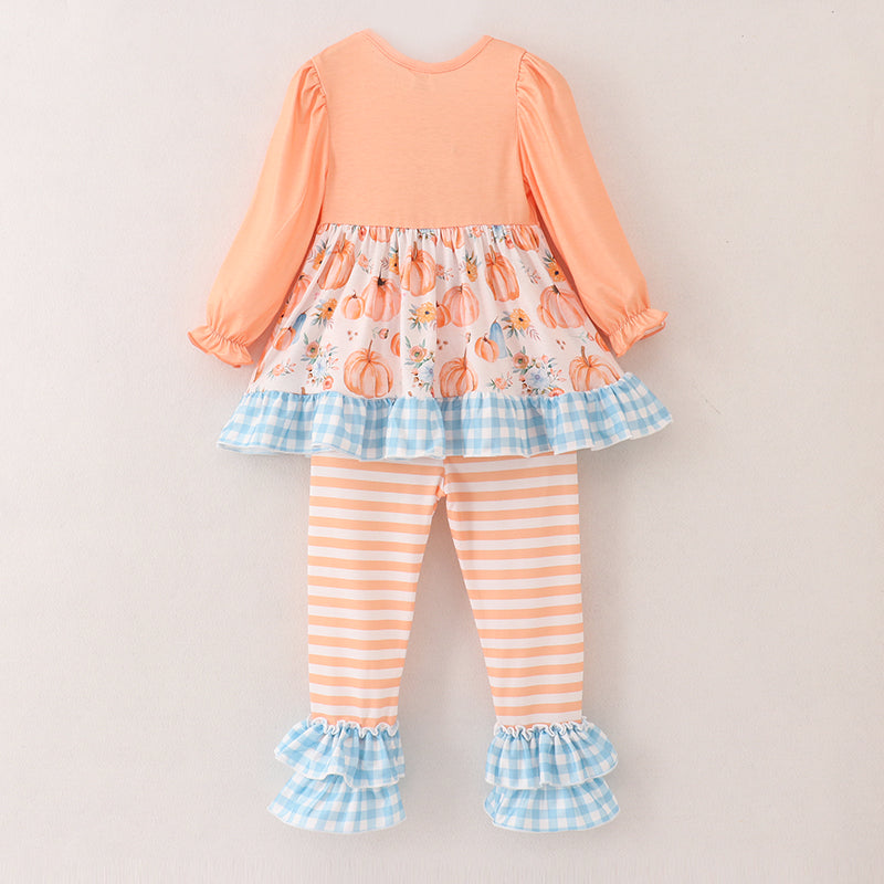 (In Stock A5-3-2)Girls Halloween Pumpkin Print Outfit Set