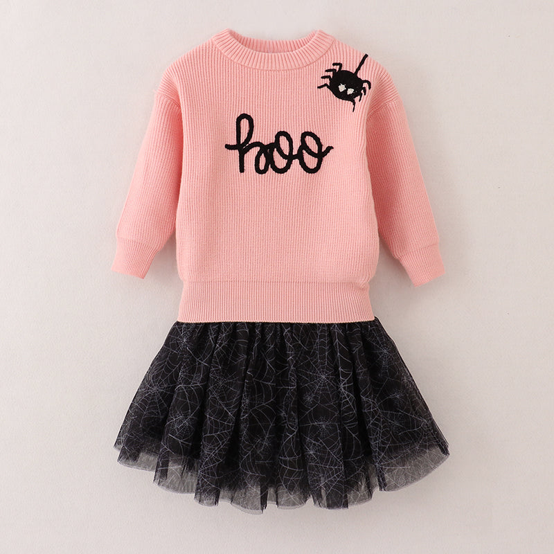 (In Stock E7-3-1)Girls Halloween BOO Spider Embroidery Skirt Set