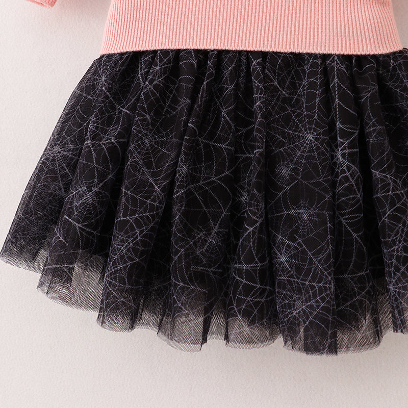 (In Stock E7-3-1)Girls Halloween BOO Spider Embroidery Skirt Set