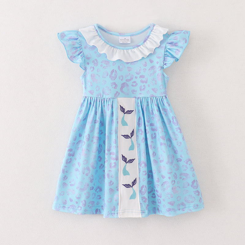 (In Stock)Girls Spring and Summer Blue Leopard Mermaid Dress